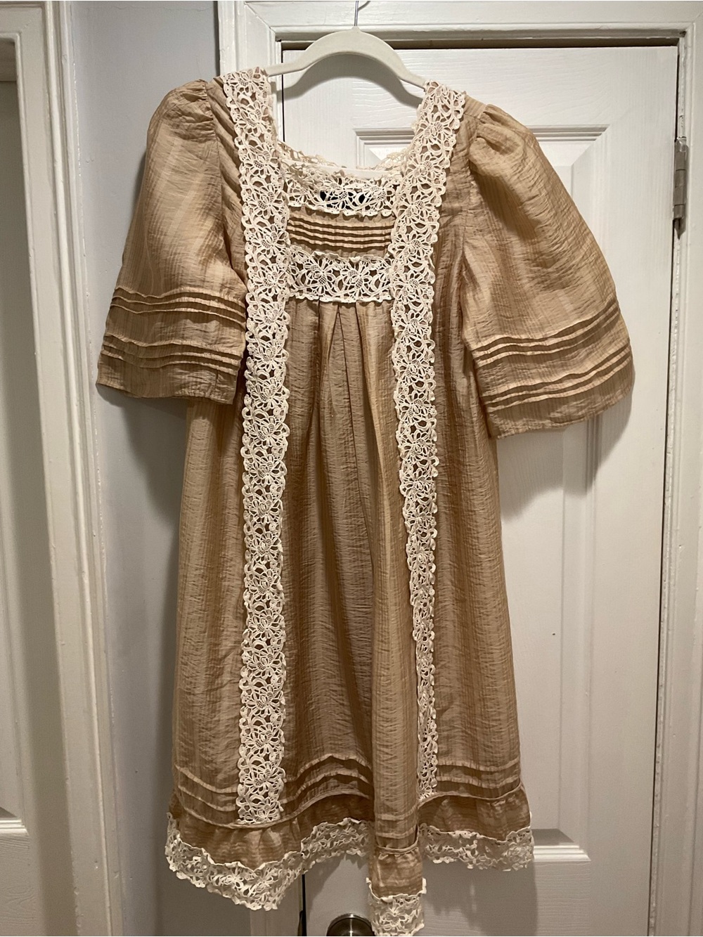 Boho Cottagecore Crochet Lace Puff Sleeve Babydoll Dress Tan Ivory